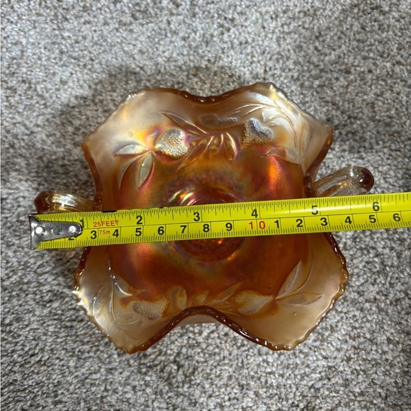 Vintage Fenton Carnival Glass Handled Candy Dish Strawberry Sprigs Marigold - Picture 2 of 5